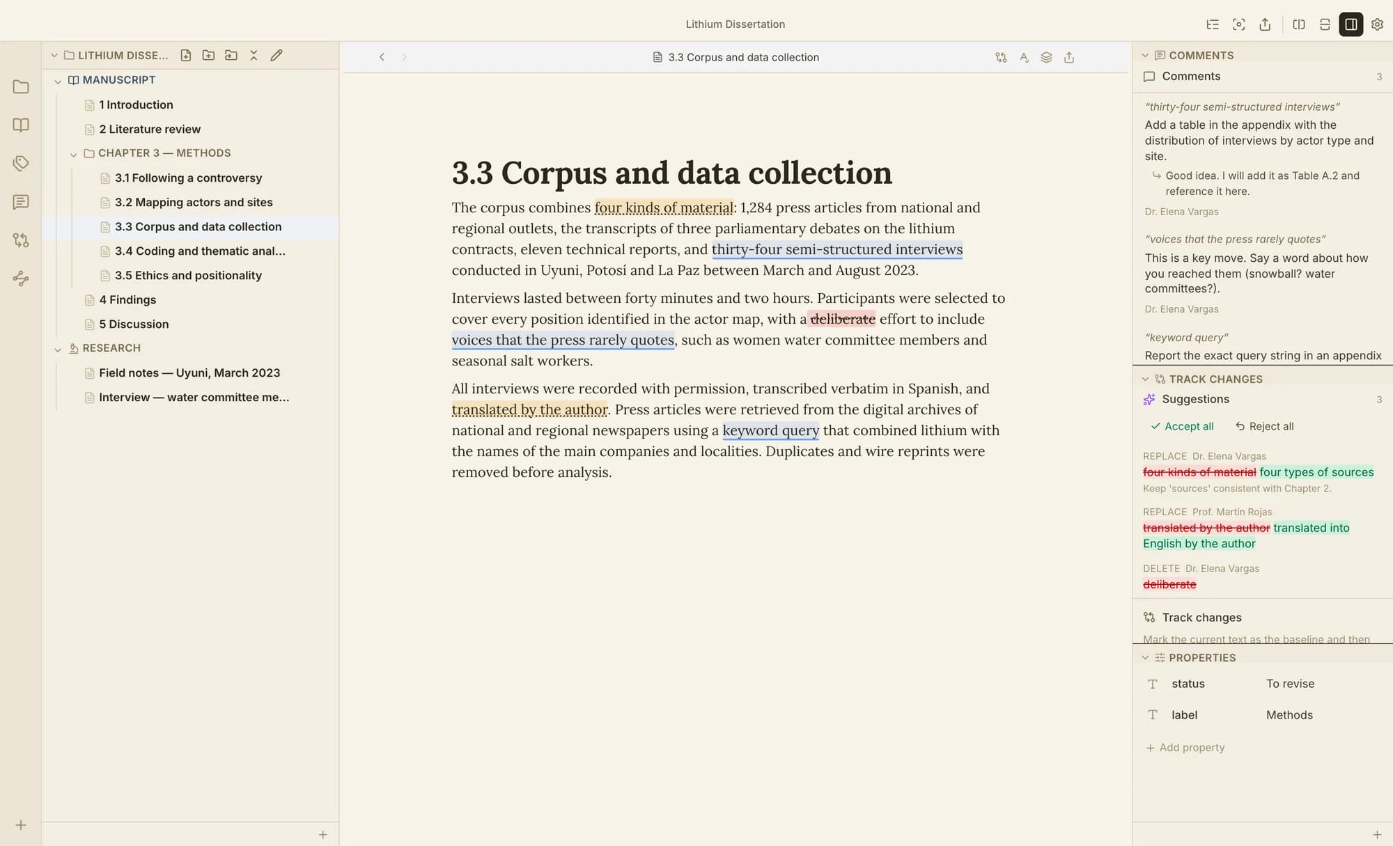 Supervisor comments and suggested changes inline in a methods section, with accept and reject controls and the document's properties in the inspector.