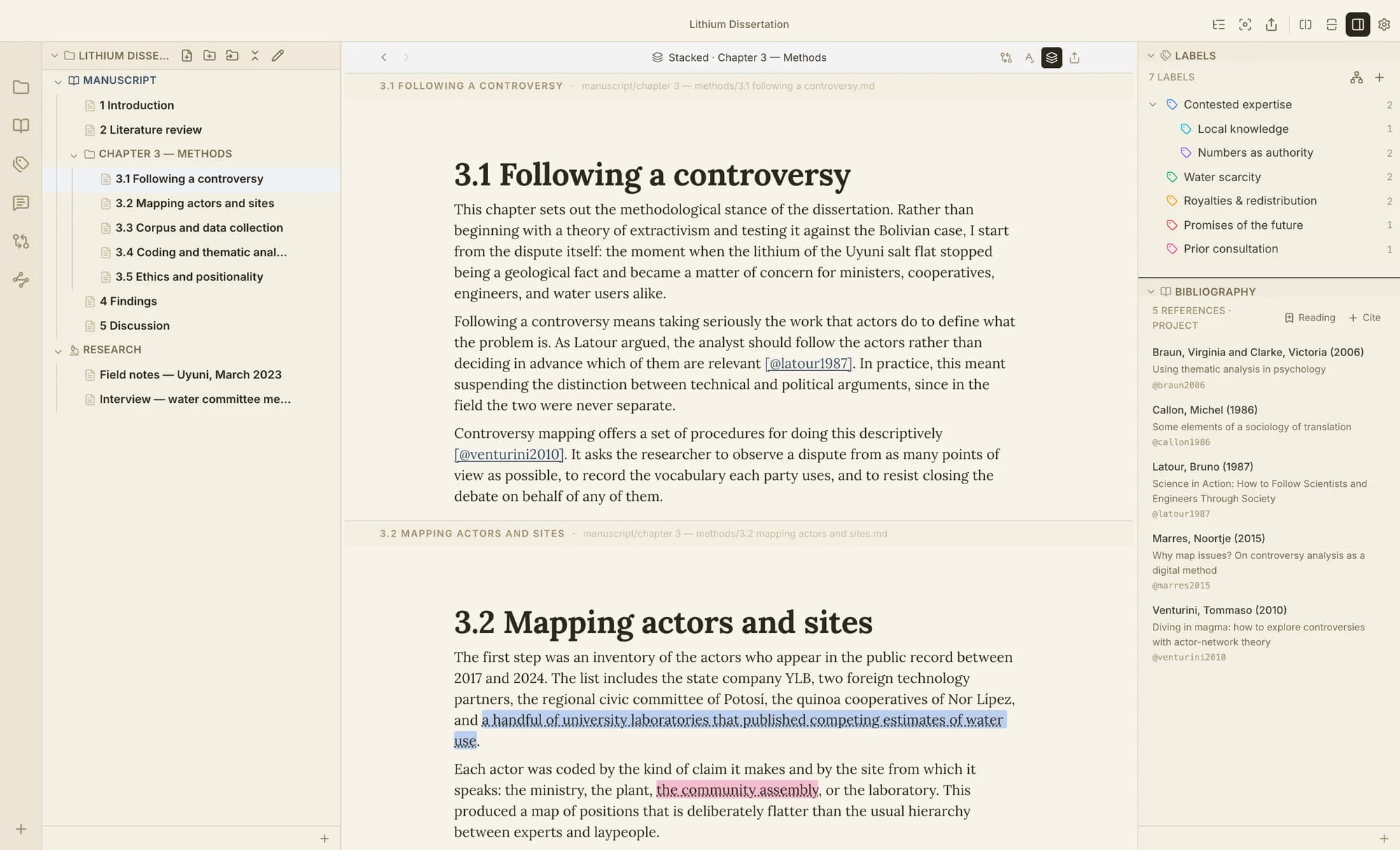The binder on the left, Chapter 3 as one continuous stacked document in the centre, and the project's thematic labels and Zotero bibliography on the right.
